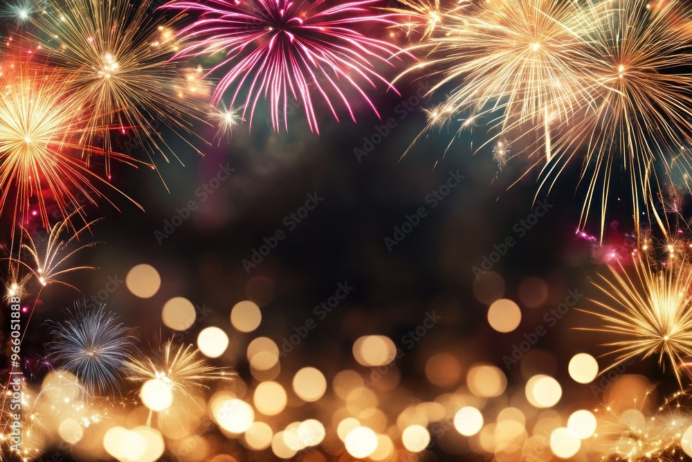 Poster festive firework display with bokeh lights