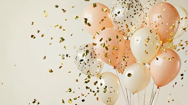 Colorful balloons in pastel shades float amidst sparkling golden confetti, creating a cheerful atmosphere for a special celebration