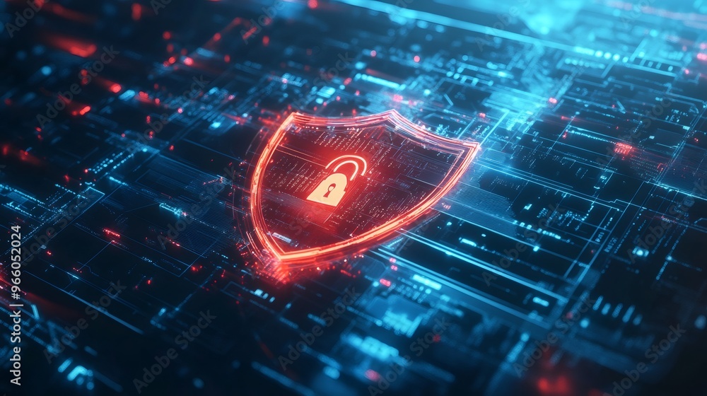 Poster a glowing red shield with a lock icon inside sits on a futuristic circuit board with blue lines.