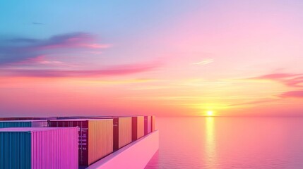 Digital shipyard, AI logistics management, futuristic containers, sunset over the ocean