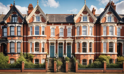 Fototapeta premium A row of brick houses with ornate details stands on a sunny street