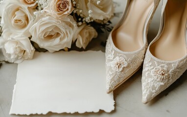 Elegant wedding setup featuring bridal shoes, a bouquet, and a blank card for invitations or notes.