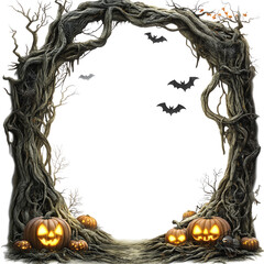 A spooky Halloween frame featuring carved pumpkins and eerie bats, perfect for festive decorations and storytelling.
