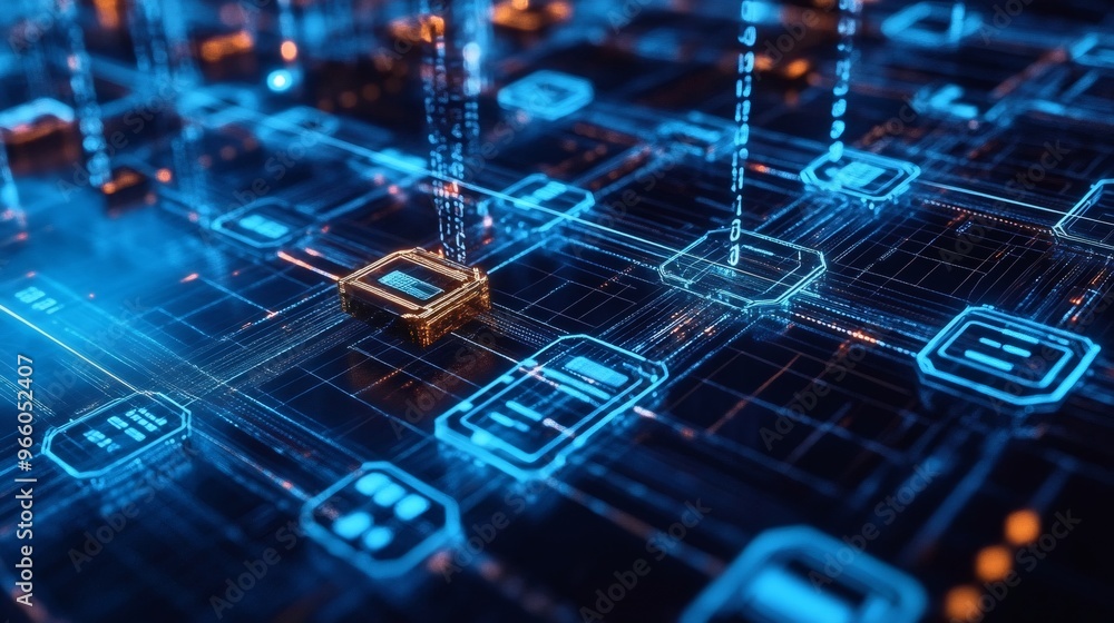 Poster a gold chip sits on a futuristic circuit board with glowing blue lines and a digital stream of binar