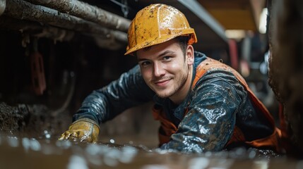 Skilled plumber adeptly repairing a burst pipe in a tight crawl space, their technical skills and problem-solving abilities highlighted