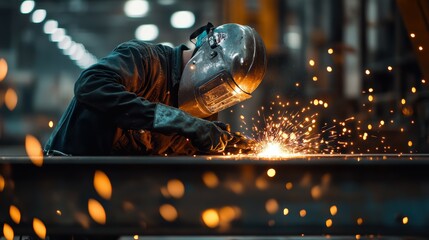 Skilled metal fabricator meticulously welding and shaping custom steel components, their technical prowess and craftsmanship evident