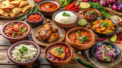 Fototapeta premium Authentic Bolivian Culinary Spread Featuring Traditional Dishes Such As Salteñas, Picante De Pollo, And Api Morada Arranged On A Table