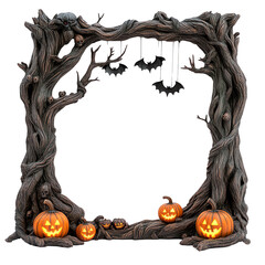 A spooky Halloween frame adorned with twisted branches, Jack-o'-lanterns, and eerie decorations, perfect for seasonal photos.
