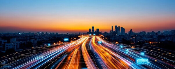 Digital smart road grid, AI traffic coordination, urban sunset, glowing streets