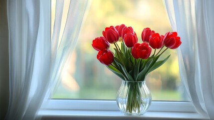 Bright red tulips in a clear vase positioned by a sunlight-filled window with sheer curtains