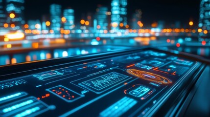 Obraz premium Digital traffic network analysis, holographic interface, control room, urban backdrop