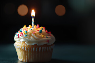 A lit birthday candle atop a decorated cupcake, symbolizing celebration and joy.