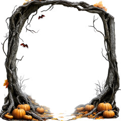 A whimsical arch made of twisted branches with colorful autumn leaves and pumpkins, perfect for a fall-themed setting.