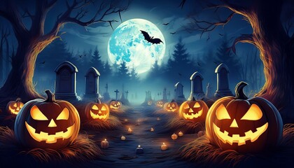 Glowing Jack O' Lanterns in Spooky Graveyard on Eerie Halloween Night with Full Moon, Tombstones, and Bats