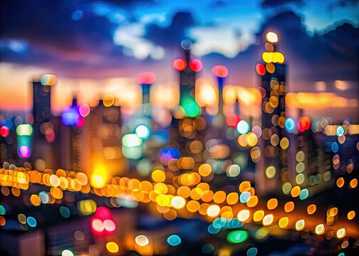 Blurred Cityscape At Night With Vibrant Colors And Bokeh Light Effects Creating An Ethereal Ambiance.
