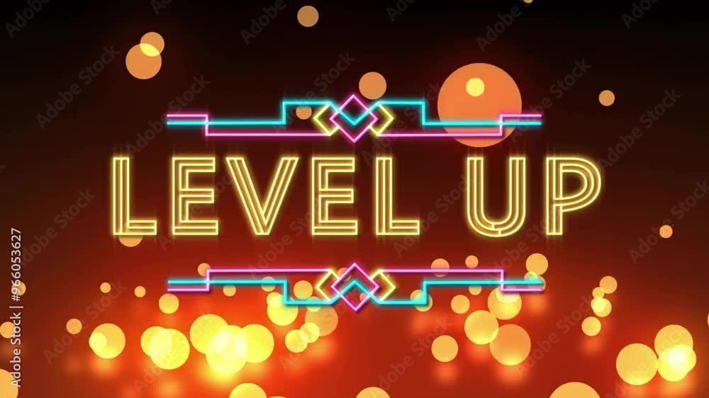 Poster Animation of level up text over neon pattern background