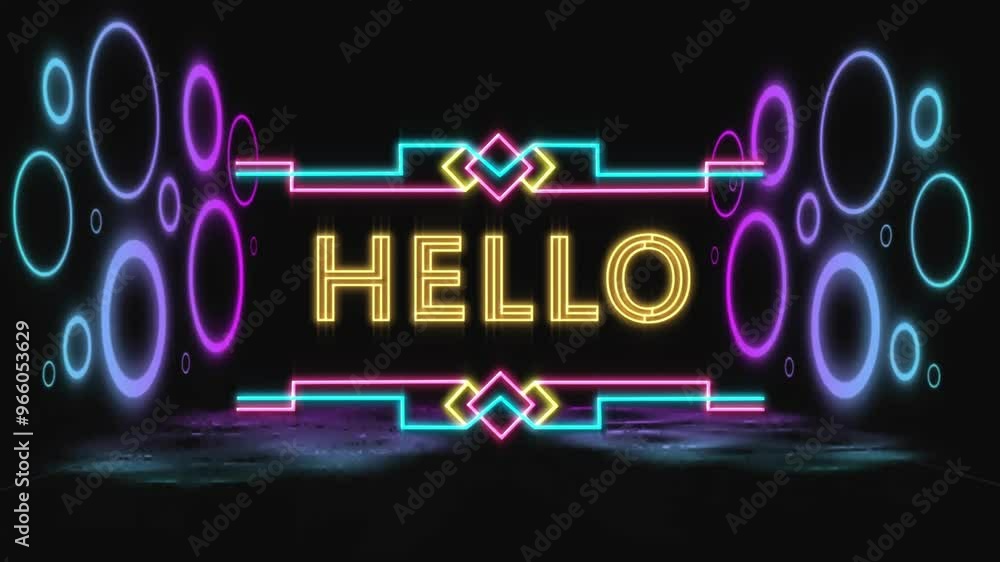 Poster animation of hello text over neon pattern background