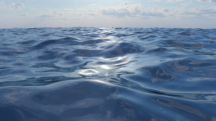 Ocean flare background by 3D rendering scene. 3D renderer of ocean waves. Rays of light on the water.
