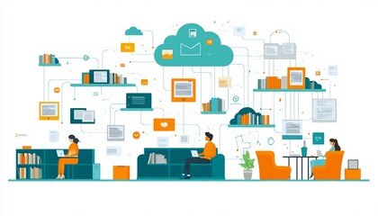 Obraz premium Cloud-Based Office Solutions, cloud-based office environment where all documents and processes are managed online.
