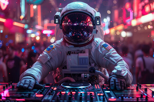 Stylish Generative AI photo, music fest dj deejay working at night club event rave stereo