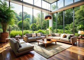 Fototapeta premium Bright and airy modern living room with sleek furniture, natural textures, and large windows overlooking lush greenery, evoking a sense of serenity and harmony.