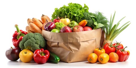 Brown Paper Bag Filled With Various Fruits And Vegetables, Isolated On A White Background