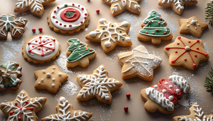 Fototapeta premium Christmas cookies with snowflake and star designs, decorated with icing and sprinkles, arranged on a white background