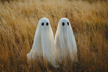 Funny people kids animals wearing halloween ghost costume celebrating, Generative AI