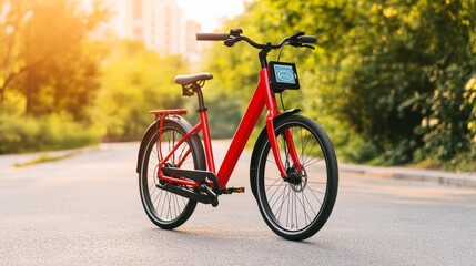 Naklejka premium Electric bicycle, digital route assistance, city park lane, bright morning