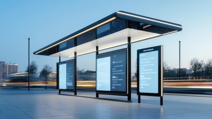 Fototapeta premium Electric bus stop, digital timetable, smart city, morning rush hour, clear sky