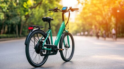 Fototapeta premium Electric bicycle, digital route assistance, city park lane, bright morning