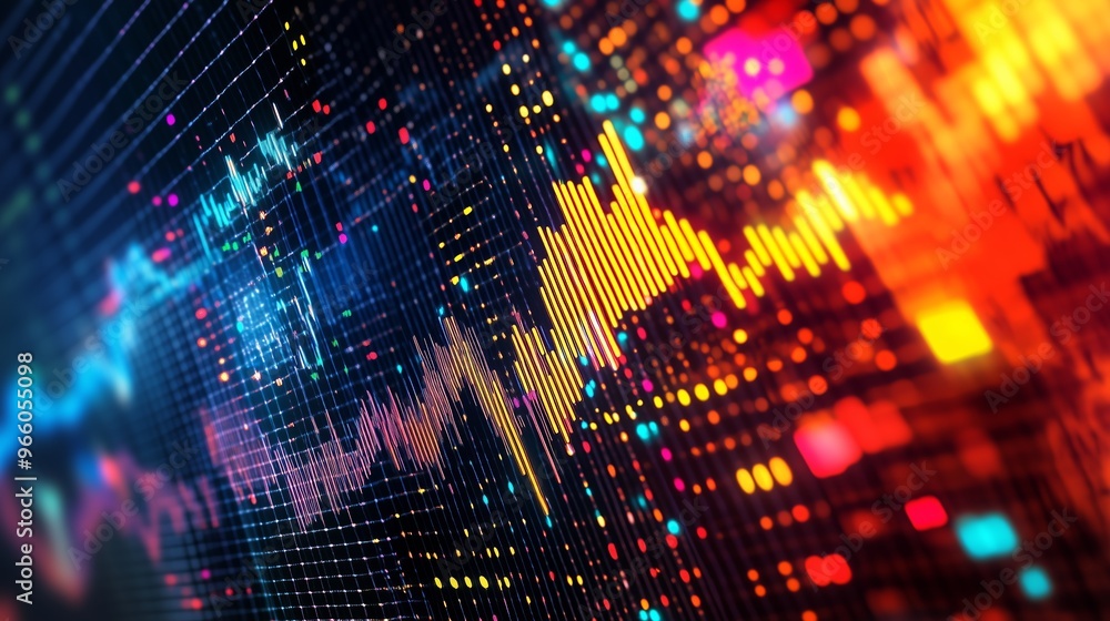 Poster vibrant digital sound wave patterns illustrating audio frequencies in a colorful and dynamic display