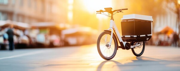 Electric cargo bike, digital delivery route, urban market, bright afternoon light