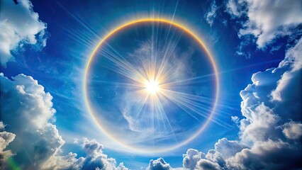 Celestial Spectacle Of A Luminous Ring Encircles The Sun, Creating An Ethereal Optical Phenomenon Against A Vibrant Blue Sky.