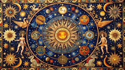 Celestial Tapestry Adorned With Shimmering Cosmic Symbols Representing Ancient Star Signs And Astrological Wisdom
