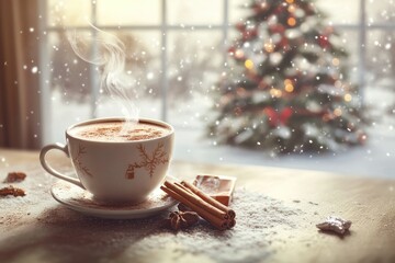 Fototapeta premium Steaming Cup of Hot Chocolate with Christmas Decorations