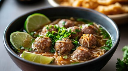 A bowl of bakso meatball soup on a table, garnished with chopped green onions, fried shallots, and lime wedges, the vibrant colors of Indonesian ingredients showcased beautifully