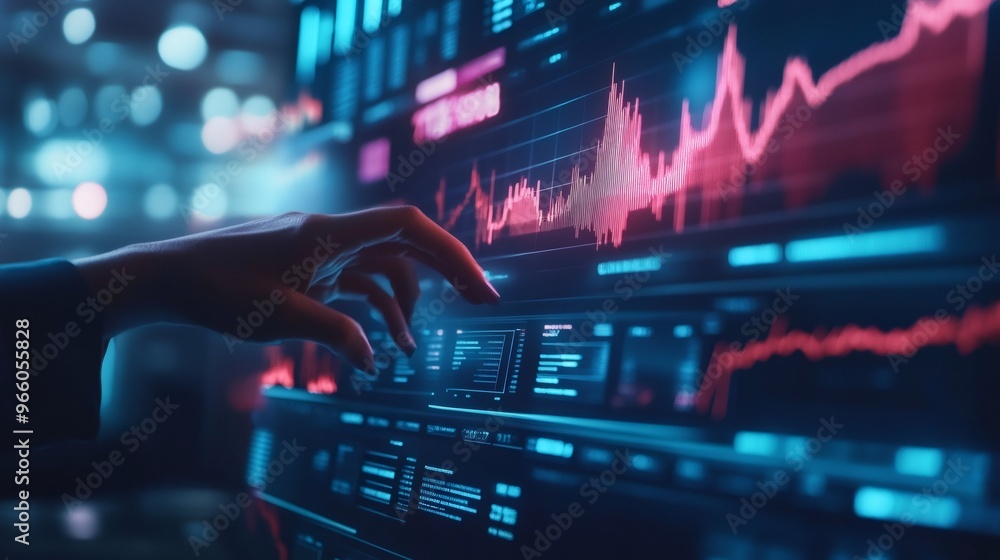 Poster a hand reaches out to touch a glowing screen with data and a red graph line.