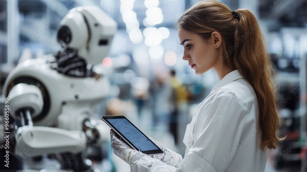 Poster a scientist in a lab coat interacts with a robotic system using a tablet in a technology-focused wor