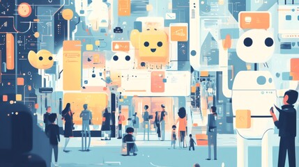 Abstract colorful painting of people in front of a large digital robot with digital screens behind them.