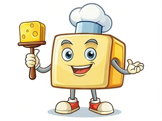 Cheerful Stick Of Butter Character With A Pat Of Butter In Its Hand And An Apron Tied Around Its Waist