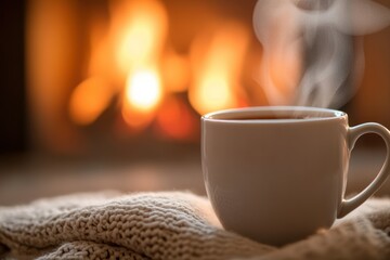 A steaming cup of coffee on a knitted blanket with a fireplace in the background.