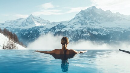 infinity pool with woman relaxing, snow-covered mountains and misty alpine backdrop, peaceful and serene retreat in nature's beauty