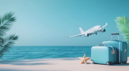 Tropical travel vibes with suitcases, palm trees, and an airplane in a bright blue beach setting