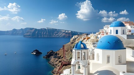 A classic view of the blue-domed Orthodox Church in Oia, Santorini, with the whitewashed village and turquoise waters of the Aegean Sea stretching out below