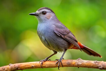 Close-Up Of A Brown-Gray Catbird Perched On A Branch With A Blurred Background