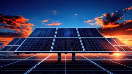 A stunning sunset over solar panels reflecting vibrant colors, showcasing renewable energy's beauty and innovation.