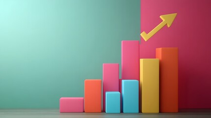 Colorful bar chart with arrow pointing upwards against a green and pink background.