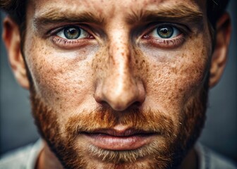 Obraz premium Close-up of a human face section, featuring a prominent nose, subtle facial hair, and a few scattered freckles on the bridge and surrounding skin.