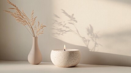 modern minimalist candle mockup in white stone container, soft beige wall background for stylish home decor and elegant product branding
